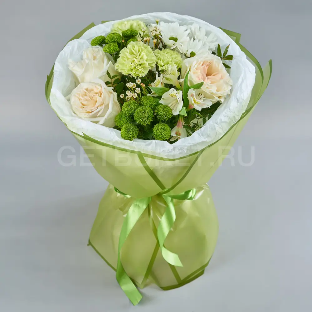 216026 Букет из хризантем, роз и альстромерий с хамелациумом