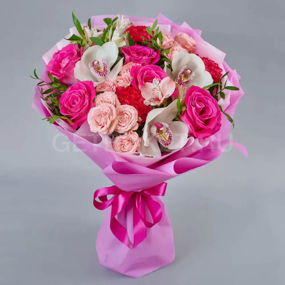 212467 Букет из малиновых роз, орхидей и альстромерий