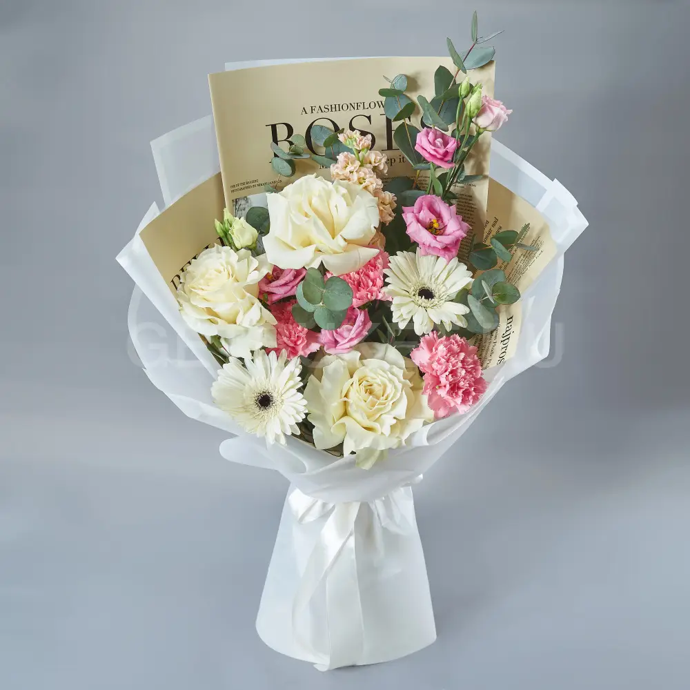 214870 Букет из роз, гербер и маттиолы с эвкалиптом